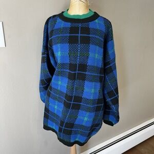 Vintage 90s Venezia Shadow Plaid Knit Sweater Women 2X Crewneck Indie Grunge